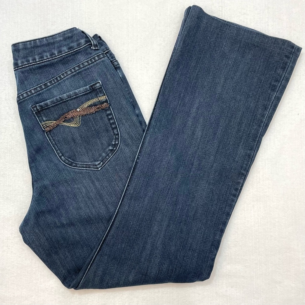 Chico’s Platinum dark wash boot cut jeans pocket bling Size 0.5, Size 6‌‌